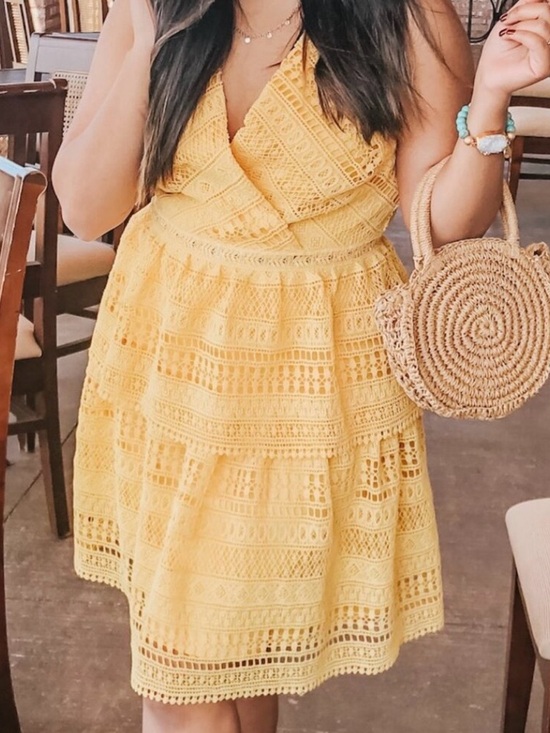 miami Dresses & Skirts - miami Yellow Crochet V-Neck Tiered Mini Dress
